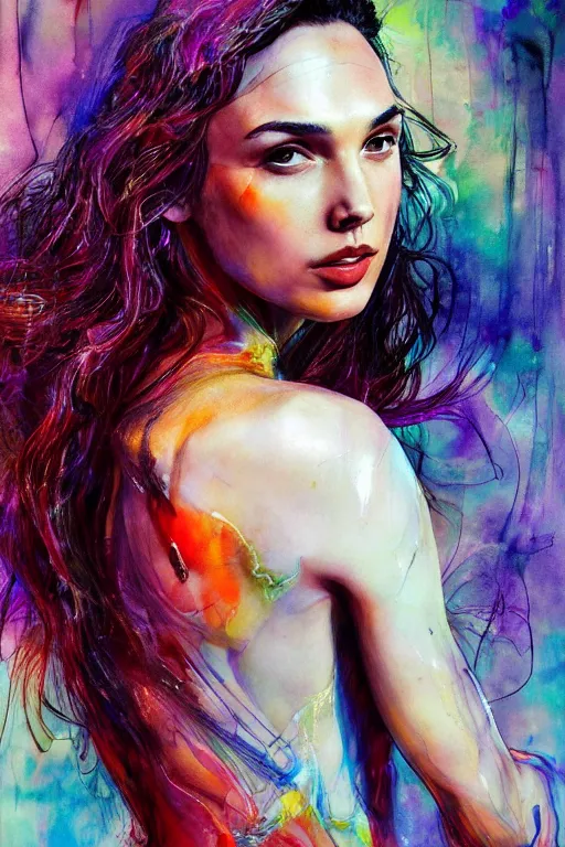 Image similar to gal gadot by agnes cecile enki bilal moebius, intricated details, view 3 / 4 back, full body portrait, extremely luminous bright design, pastel colours, drips, autumn lights