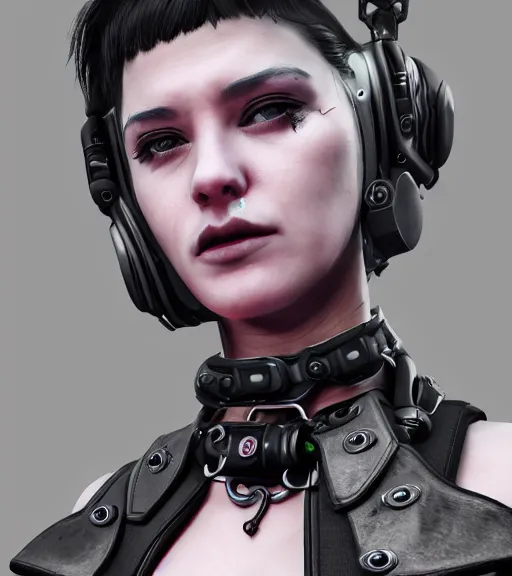 Image similar to detailed realistic female character cyberpunk wearing thick technological collar around neck, realistic, art, beautiful, 4K, collar, choker, collar around neck, punk, artstation, detailed, female, woman, choker, cyberpunk, neon, punk, collar, choker, collar around neck, thick collar, tight around neck, punk,