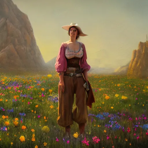 Prompt: a matte painting of the wild west, woman standing in patchy flower, oil painting, pale colors, high detail, 8 k, wide angle, trending on artstation,