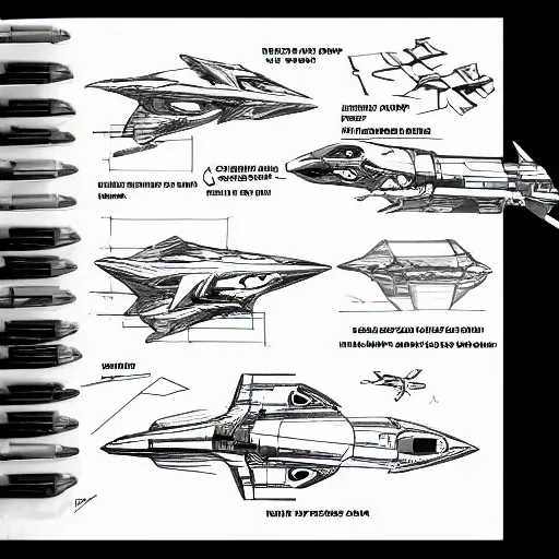 Image similar to sketches of fighting spaceship, full page, technical, detailed