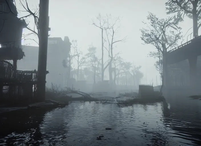 Image similar to dark, misty, foggy, flooded new york city street swamp in Destiny 2, liminal creepy, dark, dystopian, abandoned highly detailed 4k in-game destiny 2 screenshot gameplay showcase