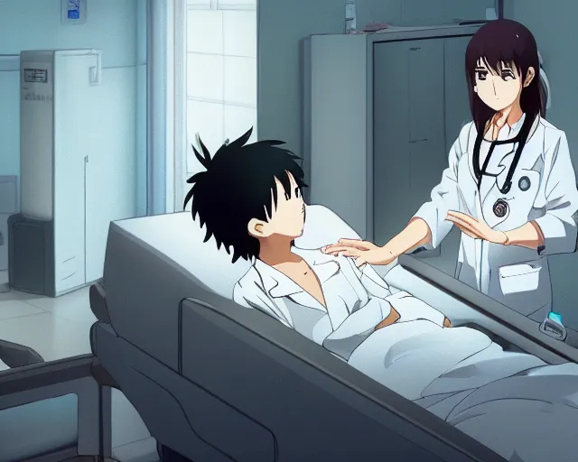 Image similar to a cute young female doctor wearing white coat are talking with a patient in a hospital, slice of life anime, lighting, anime scenery by Makoto shinkai