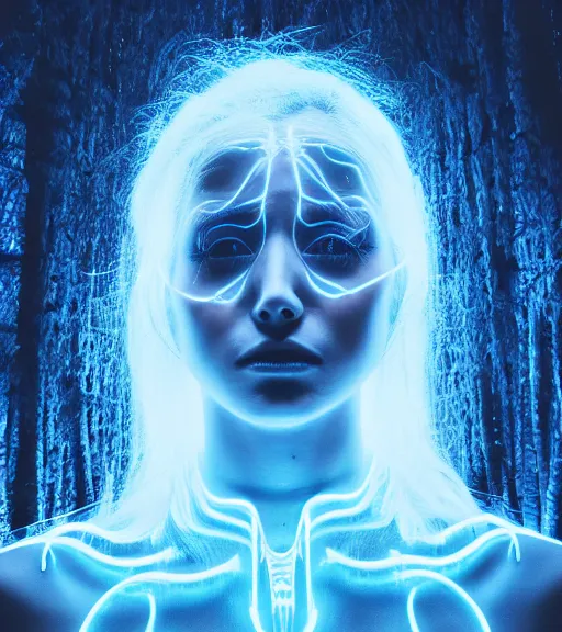 Image similar to bioluminescent long exposure light painting of a beauteous biomechanical practical sumptuous full frame photo realistic face, lifelike incredible hair, crystalline masterpiece incrustations, hyperdetailed face, elegant pose, movie still, intricate, octane render, cinematic forest lighting,