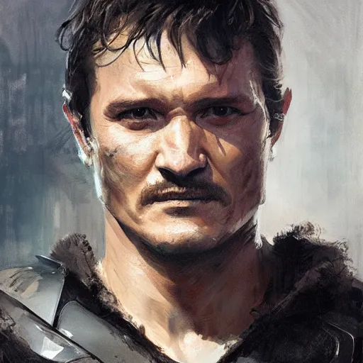 Image similar to portrait of an emotional pedro pascal as the mandalorian, by jeremy mann, anders zorn.