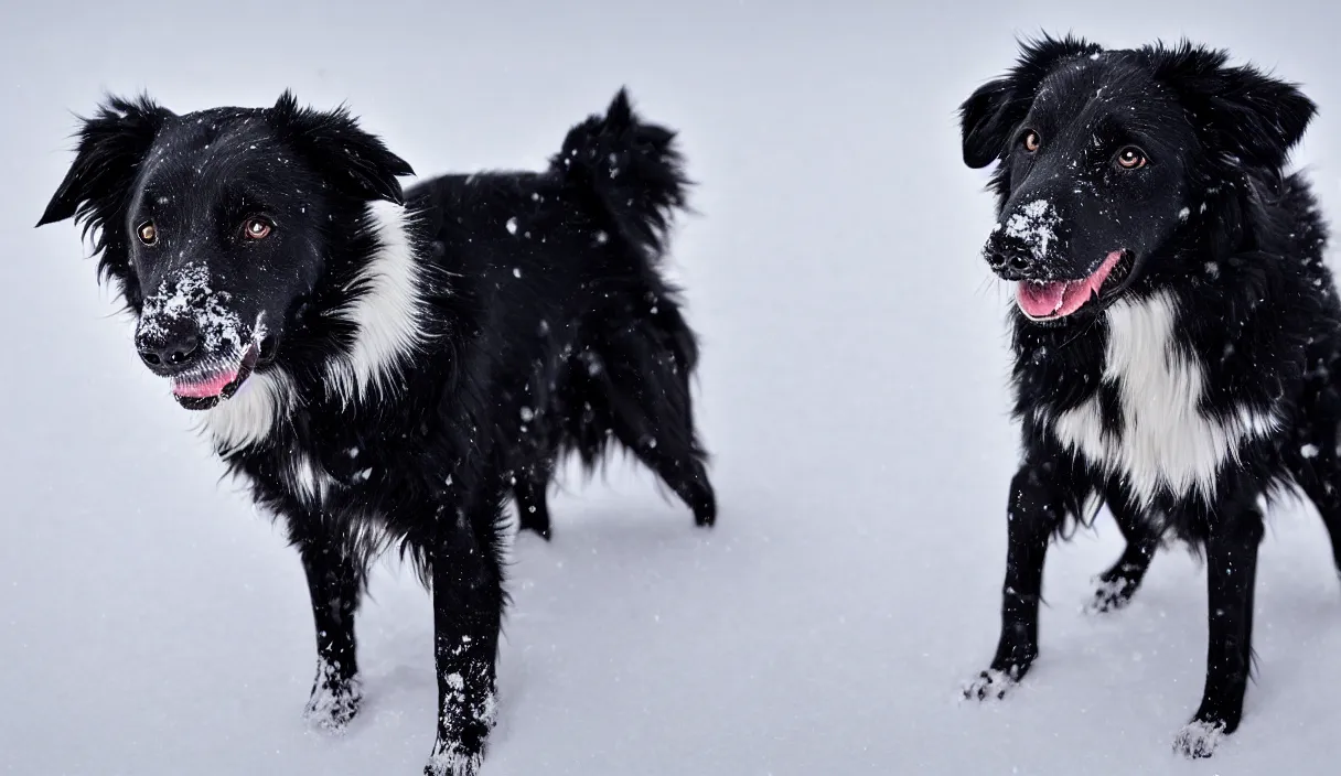 Image similar to A mostly black border collie with a white spot on her forhead playing in the snow, photorealistic