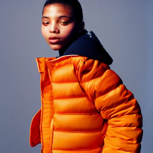 Prompt: realistic photoshooting for a new issey miyake lookbook, color film photography, portrait of a beautiful woman, model is wearing a puffer jacket, in style of tyler mitchell, 3 5 mm,