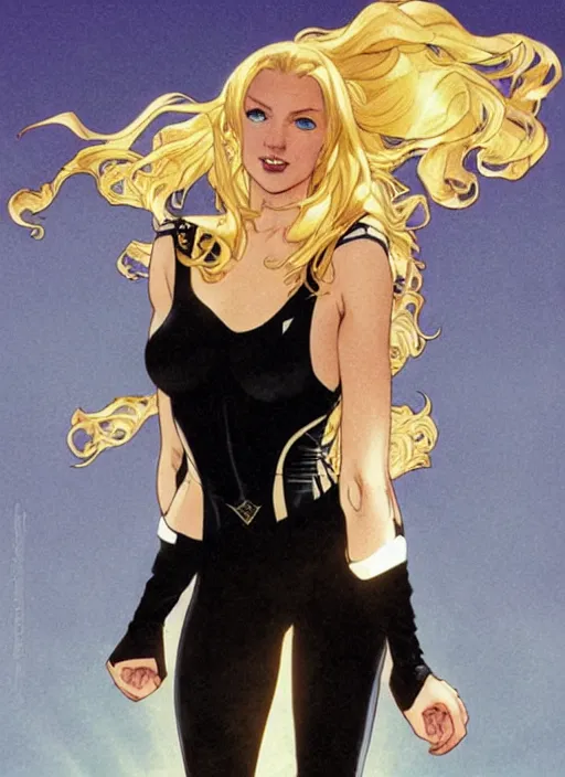 Image similar to slim young april with a mischievous face and long blonde wavy hair dressed as a superhero in her early twenties, her arms are tucked behind her back, black canary, tight fit, curvaceous, leotard, intricate detailed face, high contrast, shiny, art by joshua middleton and greg rutkowski and alphonse mucha