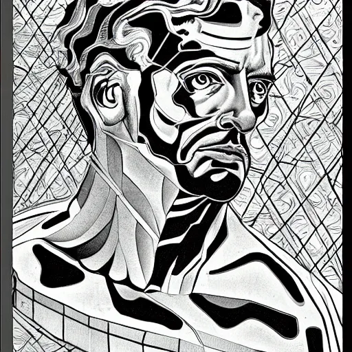 Image similar to portrait of zeus, mash - up between mc escher and vincent van gogh, marvel comics style