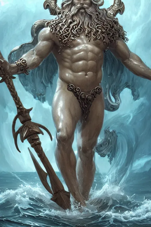 Image similar to poseidon humanoid god of the sea, trident, highly detailed, d & d, fantasy, highly detailed, digital painting, trending on artstation, concept art, sharp focus, illustration, art by artgerm and greg rutkowski and magali villeneuve