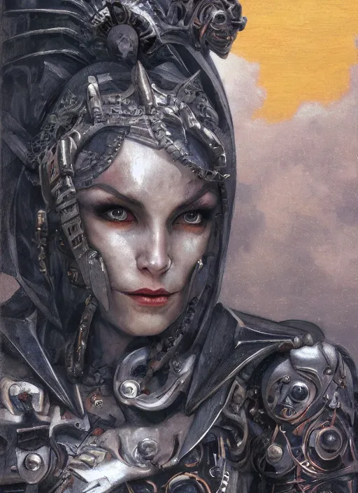 Prompt: symmetry! middle closeup of a biblical diabolical pirate girl! stylish cyborg mimick armor, heavy eyes to the side, closeup, bright glowing eyes, in clouds, rain, sunset, portrait, by gerald brom, by mikhail vrubel, by peter elson, muted colors, extreme detail, mirrors, trending on artstation, 8 k