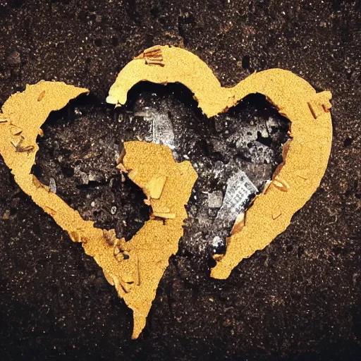 Image similar to heart made of gold smashed on the ground and broken into pieces