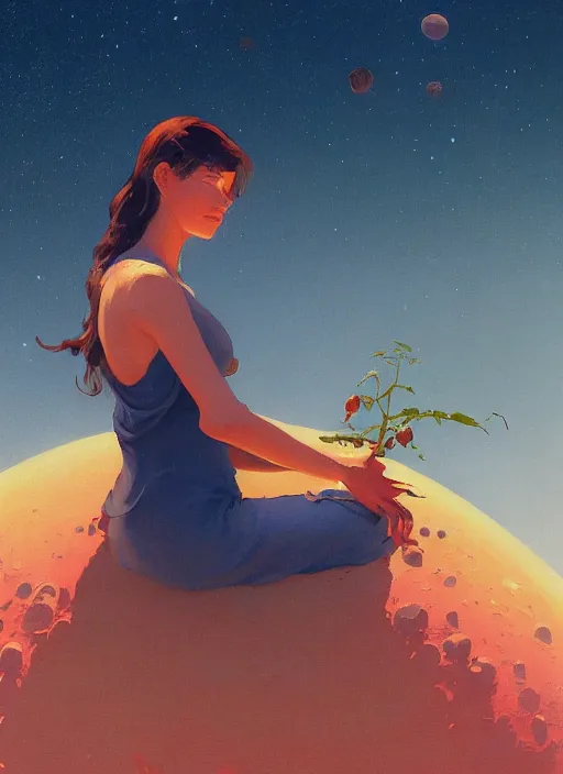 Image similar to closeup hyperdetailed shot if a gorgeous beautiful girl on the moon caring for ripen tomato plants inside a crater filled with smoke, planet Earth in the sky by Craig Mullins, ilya kuvshinov, krenz cushart, artgerm trending on artstation by Edward Hopper and Dan Mumford and WLOP and Rutkovsky, carl spitzweg and moebius, Unreal Engine 5, Lumen, Nanite