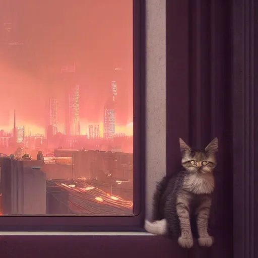 Image similar to Big european shorthair cat and small fluffy kitten from the back in the apartment room looking to window in a cyberpunk city, soft god rays from city lights outside the window, unreal engine 5, soft neon atmosphere, photorealistic, soothing colors, somber melancholic matte painting, hyperrealism, hyperrealistic, cinematic masterpiece, cyberpunk style 8k ultrahd octane render