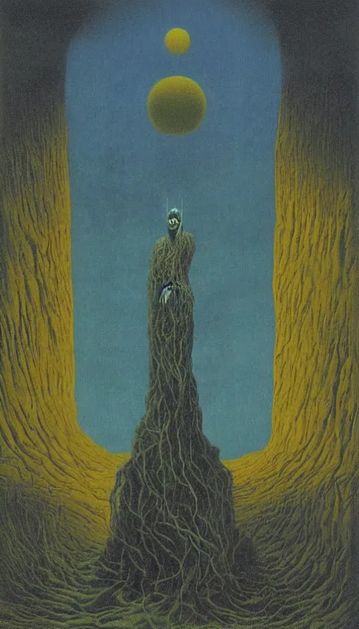 Image similar to forbidden knowledge, madness, the eldritch king in yellow by beksinski, tarot card, strange frames, ghibli by rene magritte and salvadore dali