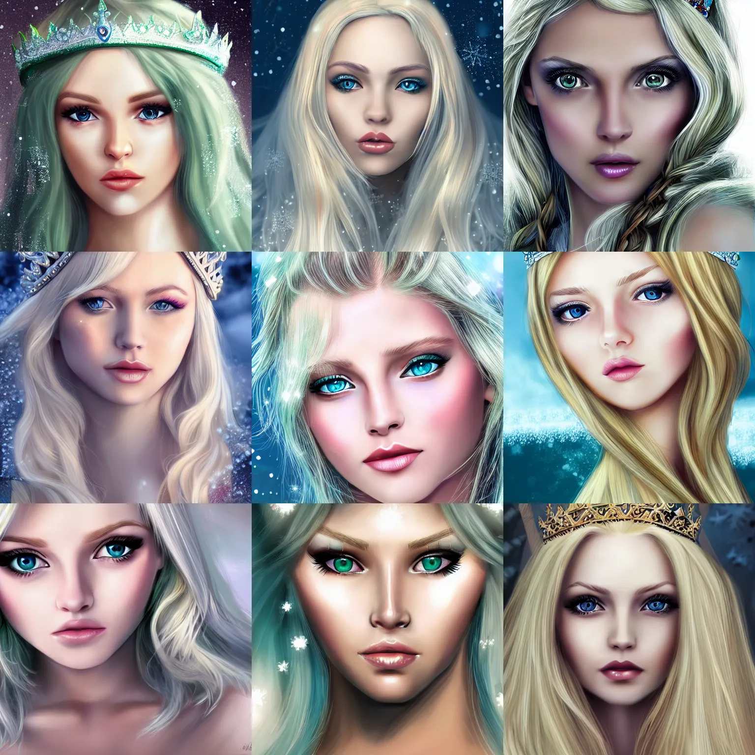 Prompt: young women with blonde hair, ice princess, snow, green eyes, digital art, 4 k hd, very detailed, crown, realistic