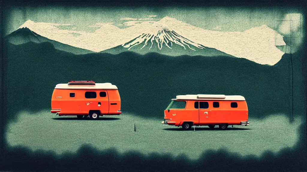 Image similar to japan various natural splendor and rural wonders, camper touring, a collage painting, in the style of wes anderson, lola dupre, david hockney, isolated on negative space background dark monochrome neon spraypaint accents volumetric octane render