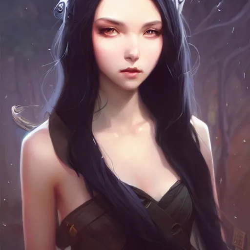 Image similar to a beautiful girl with long black hair, fantasy, portrait, sharp focus, intricate, elegant, digital painting, artstation, matte, highly detailed, concept art, illustration, ambient lighting, art by Rossdraws, artgerm, and Greg Rutkowski