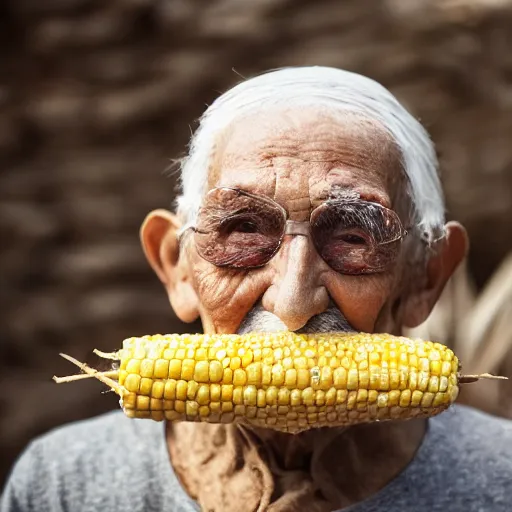 Image similar to an elderly man wearing a mask made from a tortilla, holding a sword made from elote, driving a corn cob car, bold natural colors, national geographic photography, masterpiece, 8 k, raw, unedited, symmetrical balance