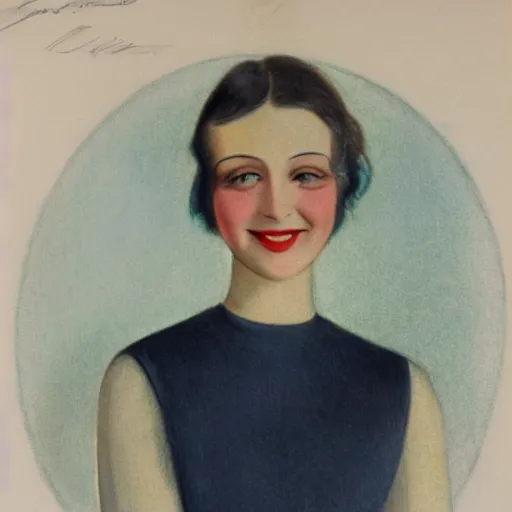 Image similar to a 1 9 2 8 color drawing portrait. calm, happy, healthy, smiling, sporty parisienne la couture in simple slender wear with beautiful smile and healthy teeth. realistic, high quality.