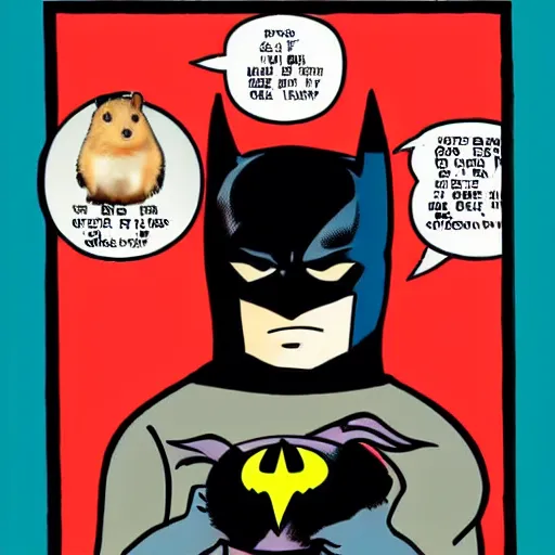 Prompt: Batman holding a hamster in his hand, looking at it curiously. In the style of 80s comic book. Red background