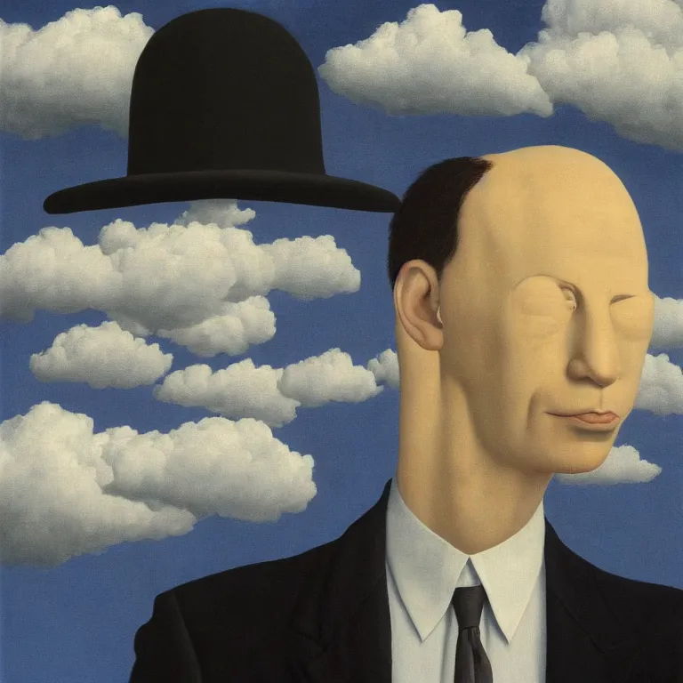 Image similar to portrait of a faceless shadow - head man in a suit, clouds in the background, by rene magritte, detailed painting, distance, centered, hd, hq, high resolution, high detail, 4 k, 8 k