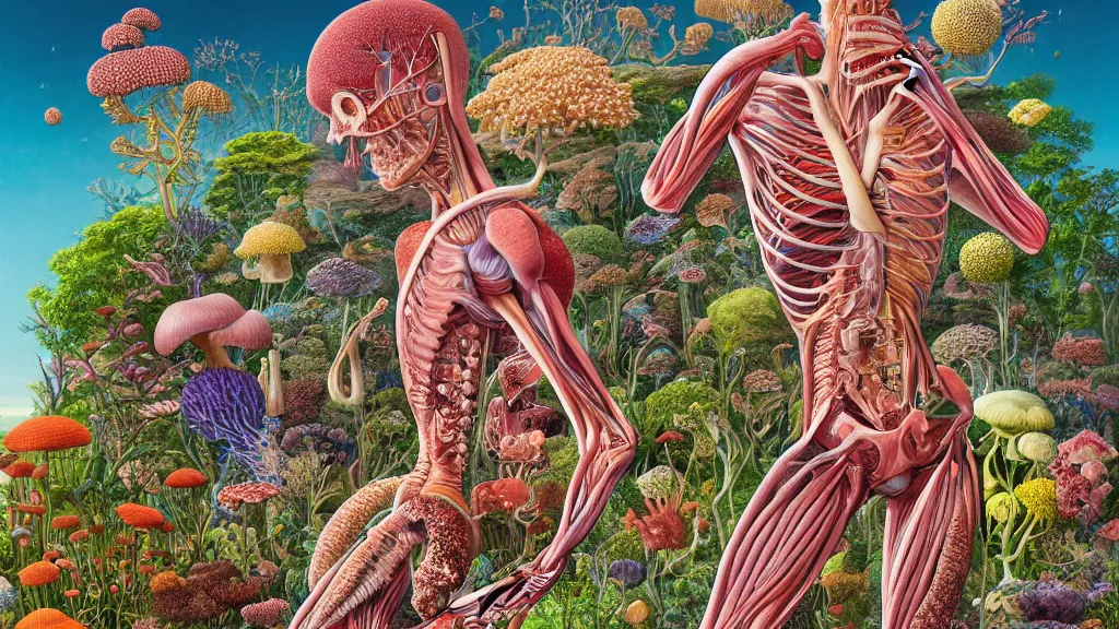 Image similar to highly detailed illustration of a human anatomy body exploded by all the known species of plants, flowers, corals and mushrooms by juan gatti, by makoto shinkai, by moebius!, by oliver vernon