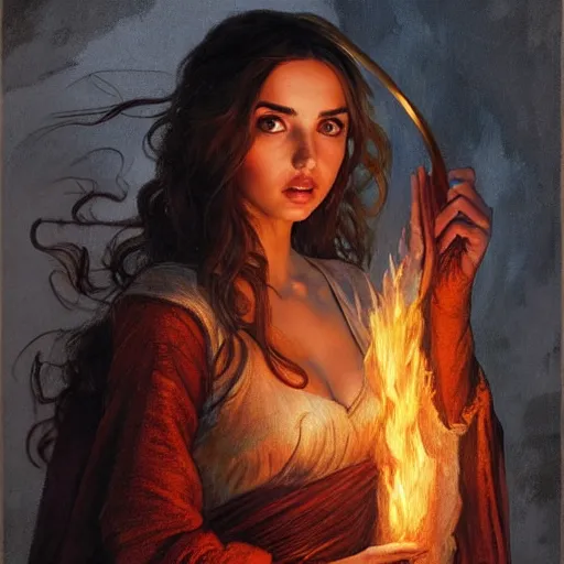 Image similar to half length portrait of ana de armas as a sorcerer using fire magic, d & d, medieval, fantasy, royo, klimt, miro, vallejo, frazetta, alphonse mucha, greg rutkowski, whealan