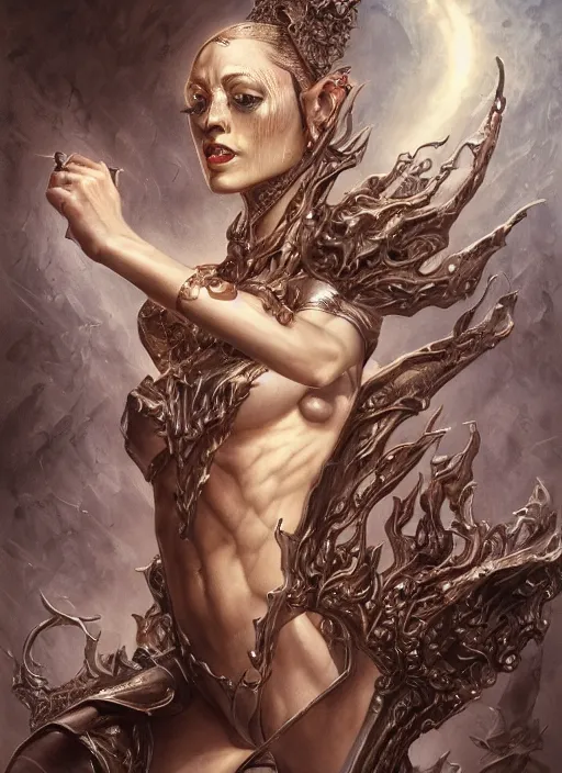 Image similar to full portrait of dancerwarden, black metal shiny skin. intricate, elegant, highly detailed, centered, digital painting, artstation, concept art, smooth, sharp focus, illustration, artgerm, tomasz alen kopera, peter mohrbacher, donato giancola, joseph christian leyendecker, wlop, frank frazetta