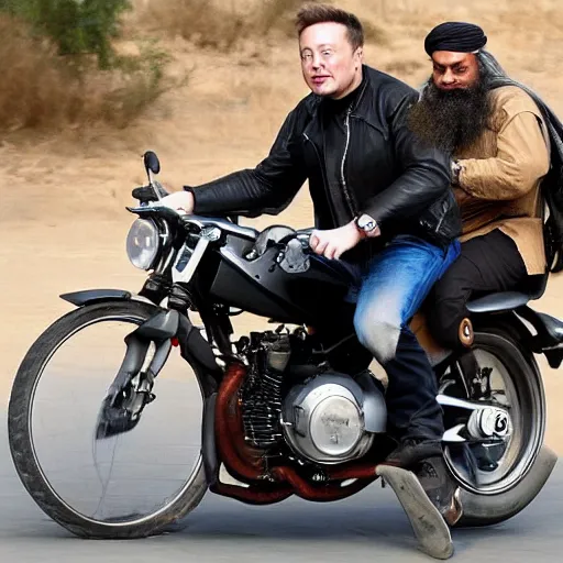 Image similar to elon musk wearing a long beard joining the mujahideen while riding a motorcycle, sharp focus, smooth, fine details