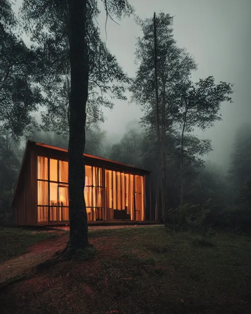 Image similar to an exquisite wooden house in the middle of a lush forest at night, minimalist design, architectural photography, dark and dim lighting, beautiful, tranquil, moody, cinematic, fantasy, 3 5 mm lens, volumetric lighting, first person view, photographic render, hyper realistic