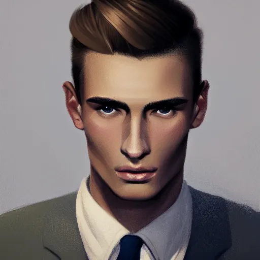 Image similar to tall man in his twenties with brown blond short quiff hair and thin slightly round facial structure with cleft chin, straight eyebrows and prominent nose, good definition of cheekbones, big hazel nut brown eyes, narrow face, slim body, atmospheric lighting, painted, intricate, 4 k, highly detailed by charlie bowater