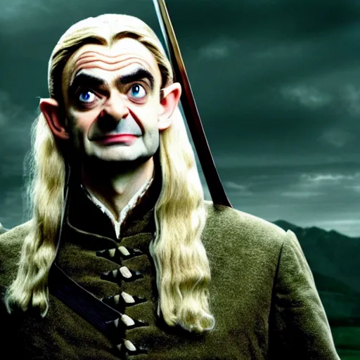 Image similar to mr. bean as legolas from lord of the rings. movie still. cinematic lighting.