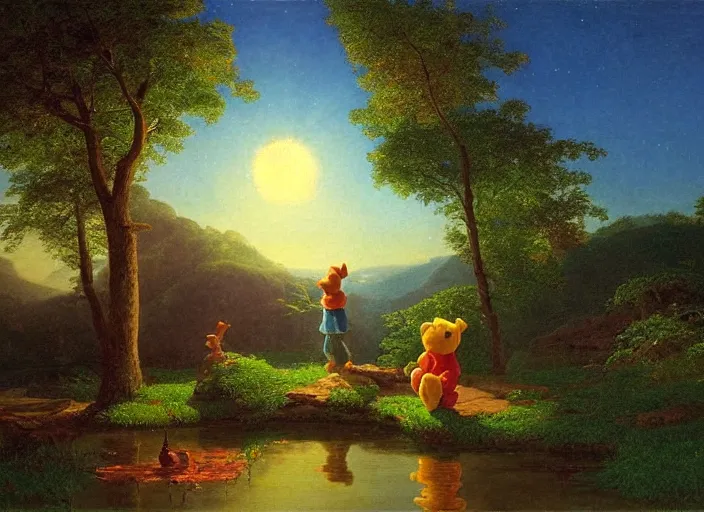 Prompt: american realist romanticism landscape painting of winnie the pooh characters at night, colorful paper lanterns, in the style of hudson river school and thomas cole and albert bierstadt and robert duncanson