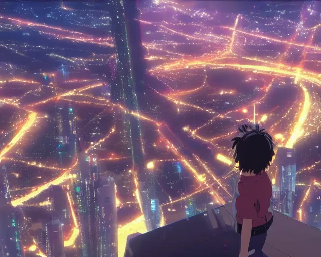 Prompt: a stunning frame from the anime kimi no na wa your name, the girl looks at the city before the end, in the sky there is a huge spaceship.