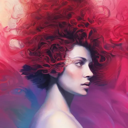 Image similar to a painting of a woman who made of curly and transparent feathers cloud with red edges is holding a sword, a digital painting by charlie bowater, trending on artstation, metaphysical painting, speedpainting, made of feathers, digital painting, holographic undertones, highly saturated colors, 4 k, digital art, concept art, trending on artstation