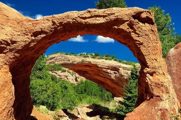 Prompt: 📷 A beautiful looking nature scene seen through an natural arch of stone ✨