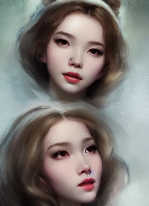 Image similar to of dark fantasy by Kyung Eom, young beautiful Belle Delphine, close up face portrait, medium shot, intricate, elegant, warm light, highly detailed, digital painting, volumetric light, artstation, concept art, smooth, sharp focus, illustration, art by Gil Elvgren and Adolf Wölfli and Peter Mohrbacher