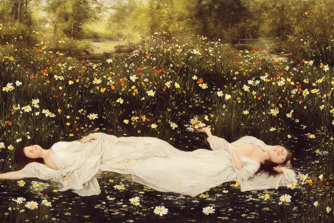 Prompt: Beautiful woman lying horizontal in a dark water stream. Flowers in hand. Golden brown dress, light dark long hair. Apathetic, pale, dead but beautiful. Poppies, daisies, pansies. Most accurate and elaborate studies of nature ever made. The background Hogsmill river in Surrey, rich Forest, dark, wood, bushes. Naturalistic. Painting by John Everett Millais.