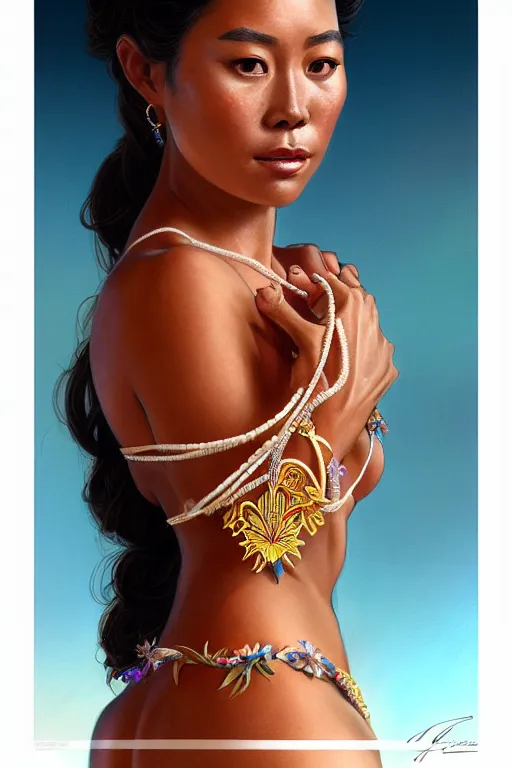 Image similar to body portrait of hawaiian queen wearing a lea, by terry o'neill intricate, elegant, highly detailed, digital painting, glistening skin, artstation, concept art, smooth, sharp focus, contrasting lighting, bright colors, dark background, illustration, art by artgerm and greg rutkowski and alphonse mucha, 8 k