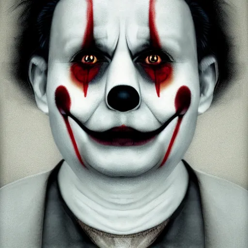 Prompt: The Evilest of Clowns , Hyperrealistic, Portrait photo,