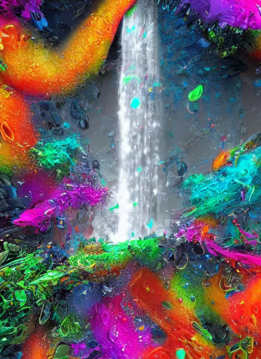 Image similar to a 3 d fractalpunk illustration of a waterfall, colors splashing and spattering the ground