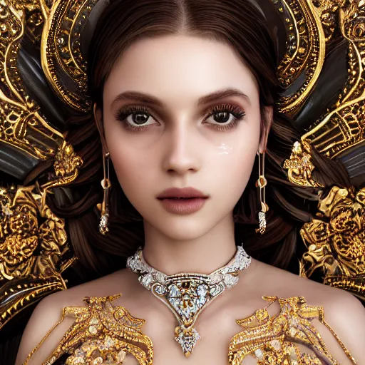 Image similar to portrait of pretty princess with perfect skin, beauty, glowing, ornate and intricate diamond jewelry, jaw dropping, ornate and intricate backdrop, white accent lighting, hyper detailed, 4 k octane render