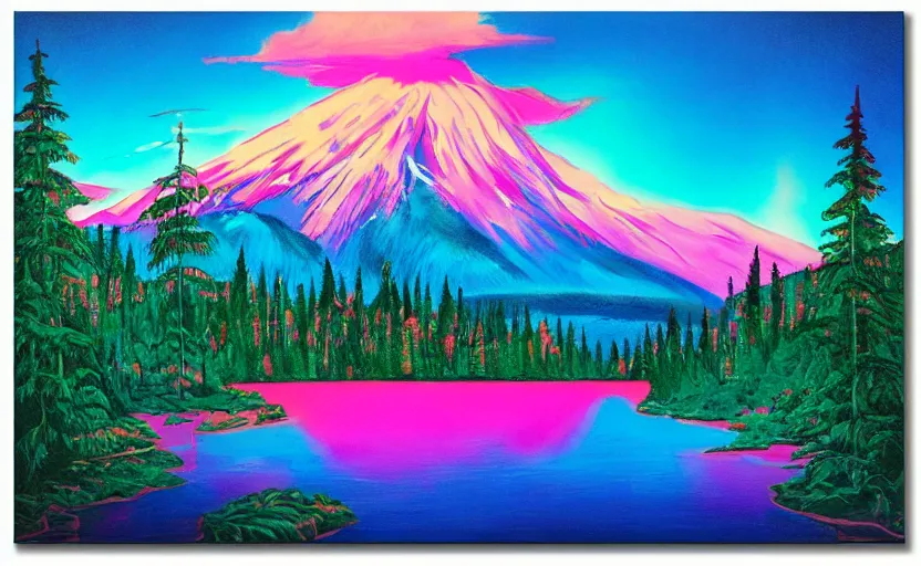 Image similar to beauti ful award winning synthwave painting of a canadian lake, extreme detail, 4 k, ultra hd