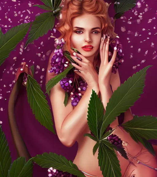 Prompt: charming beautiful woman wearing clothes from rafflesia flower, cannabis leaf, amethyst flower, amorphophallus titanum flower. realism art, high detailed, fine art, trending on artstation, smooth draw, perfect lightning, sharp focus.