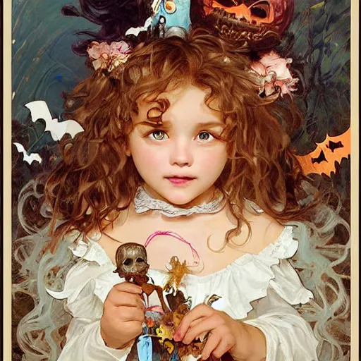 Prompt: a cute happy little girl with light brown wavy curly hair and blue eyes sitting amidst piles of halloween decorations. beautiful cute highly detailed face. halloween themed painting by artgerm and greg rutkowski and alphonse mucha.