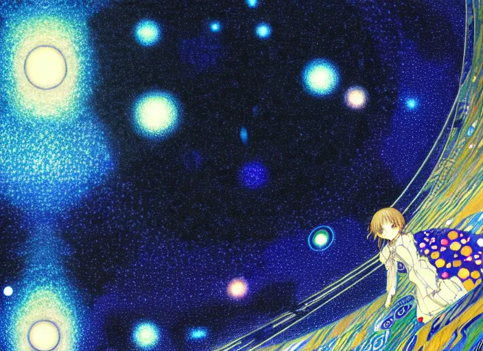 Prompt: star walk, digital, concept art, Kyoto animation,last exile, blue submarine no. 6, gustav klimt,loish, murata range, kawaii, yoshitaka amano, studio lighting, manga, bright colors, beautiful, 28mm lens, vibrant high contrast, gradation, jean giraud, fantasy, rule of thirds, unreal engine, fibonacci, intricate, cel shaded, blender npr, flat, matte print