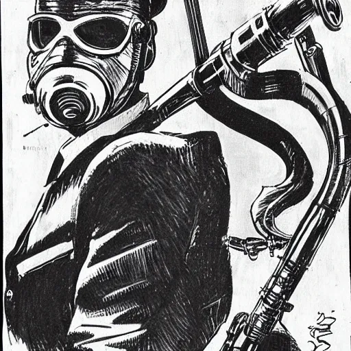 Prompt: concept art of a man with a gas mask and a hunting rifle, by steve ditko, insanely detailed