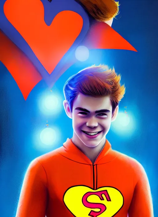 Image similar to friendly teenage archie andrews wearing an orange superhero costume with heart logo, heart, freckles, blue cape, heart emblem on chest, blue cape, intricate, elegant, glowing lights, highly detailed, digital painting, artstation, sharp focus, illustration, art by wlop, mars ravelo and greg rutkowski