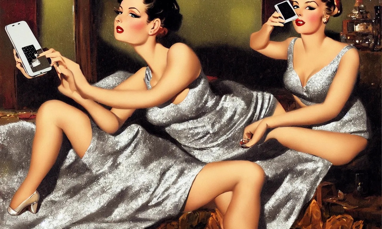 Image similar to Mangal Key visual of a stunningly attractive olive skinned woman in a sparkly silver dress looking at her iphone, office background, by Gil Elvgren and Dorian Cleavanger