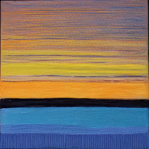 Prompt: In this mixed media art, the artist has used a simple palette of colors to create a feeling of calm and serenity. The soft hues of blue and green are reminiscent of a cloudy sky, while the orange and yellow suggest the warm glow of the sun. The vertical stripes of color are divided by thin lines of black, which give the impression of deep space. The overall effect is one of peacefulness and balance. multiple exposure by Mark Briscoe, by Lorenz Hideyoshi angular, uneven